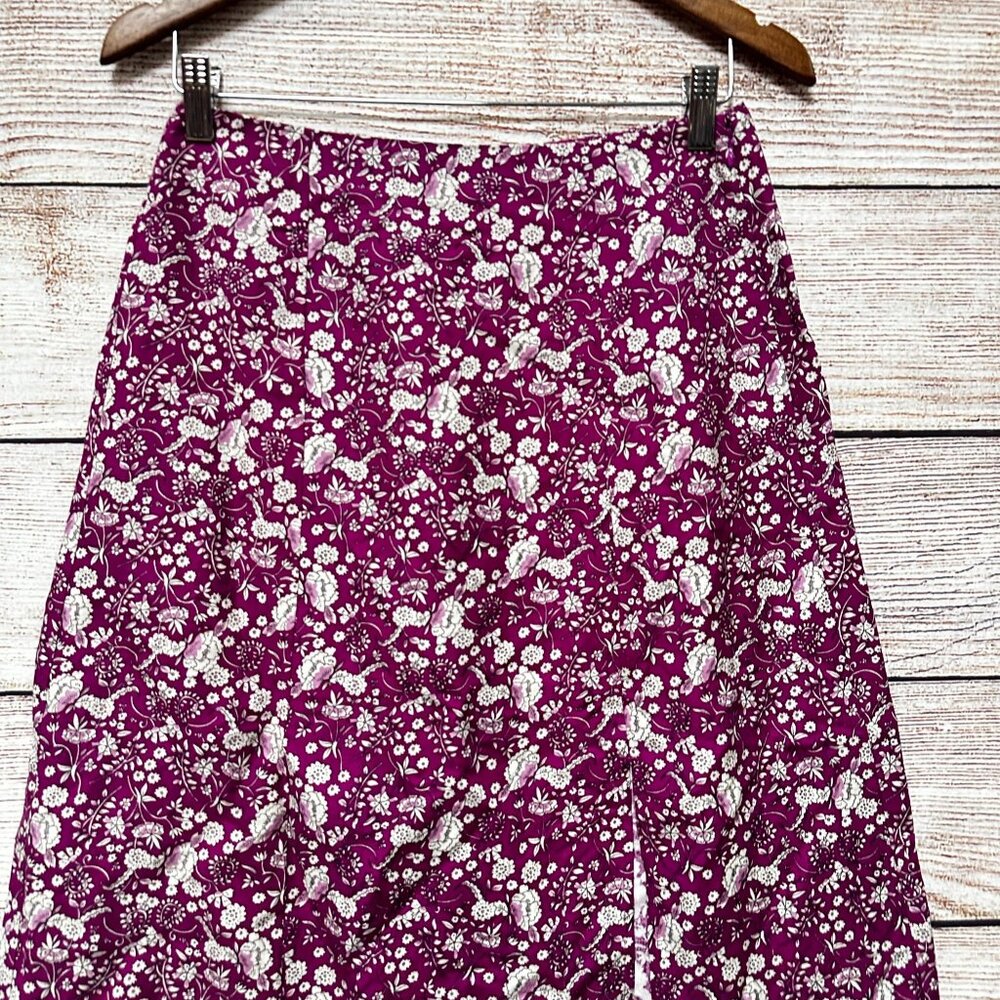 LOFT Petites 2P Floral A-Line Skirt Purple White Linen Blend Midi Slit Side - Picture 4 of 8